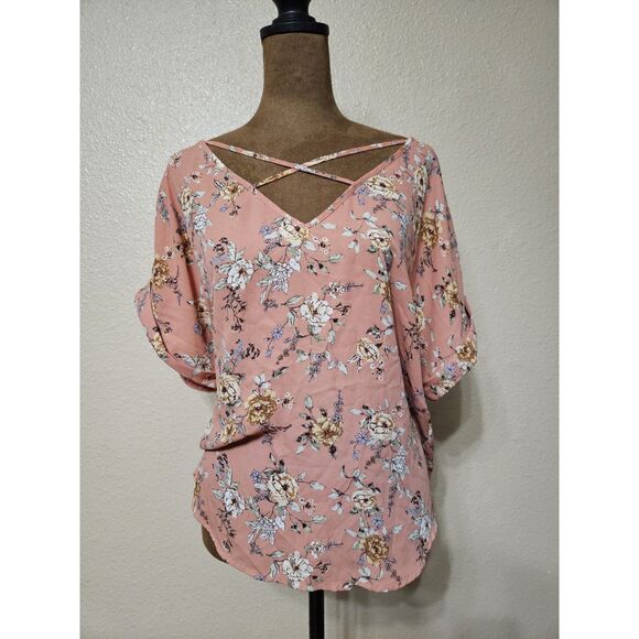 Forever 21 Women’s Floral Blouse Top – Pink, Criss-Cross V-Neck, Short Sleeve, L - Picture 1 of 2
